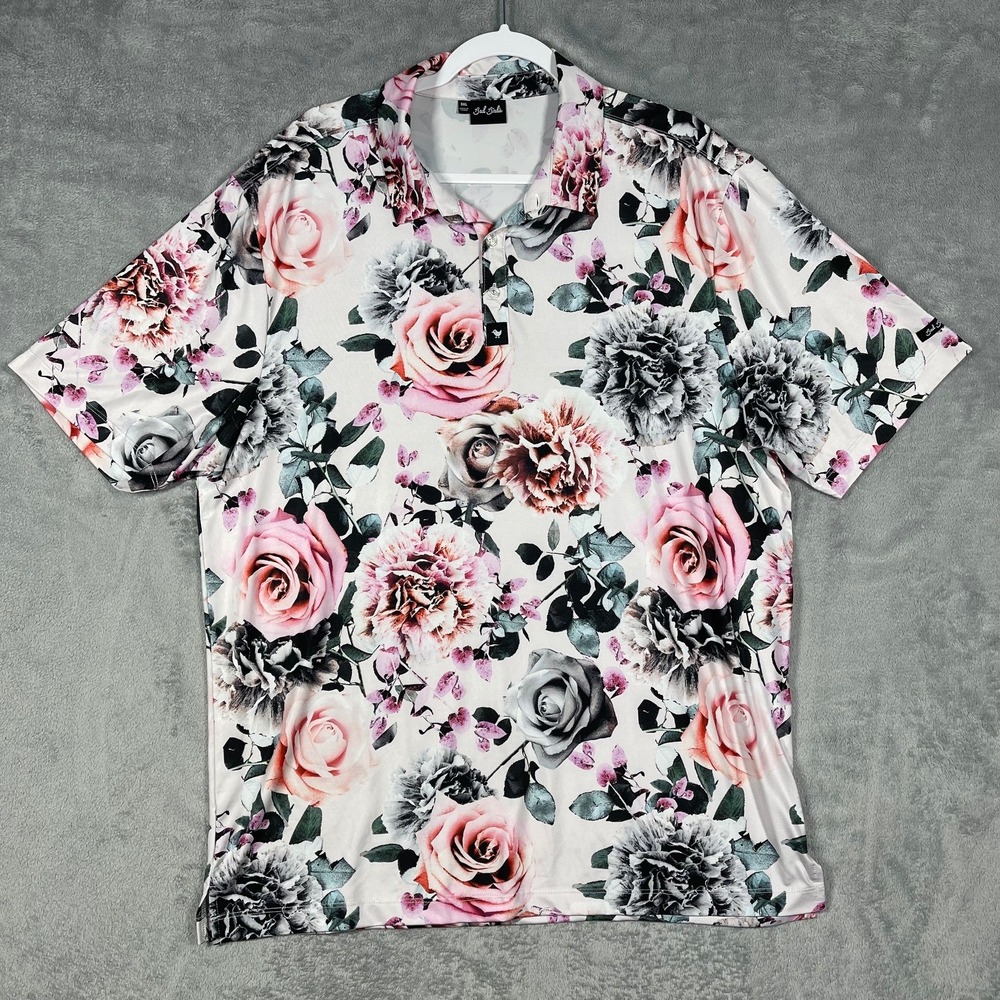 Bad Birdie Floral Polo Shirt in White, Pink, Gray, Green